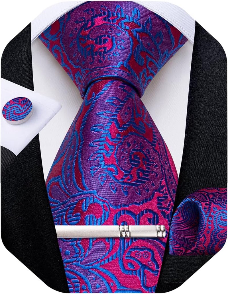 DiBanGu Paisley Ties for Men Silk Necktie and Pocket Square Cufflinks Tie Clip Set Woven Classic Mens Tie for Wedding Party - Image 1